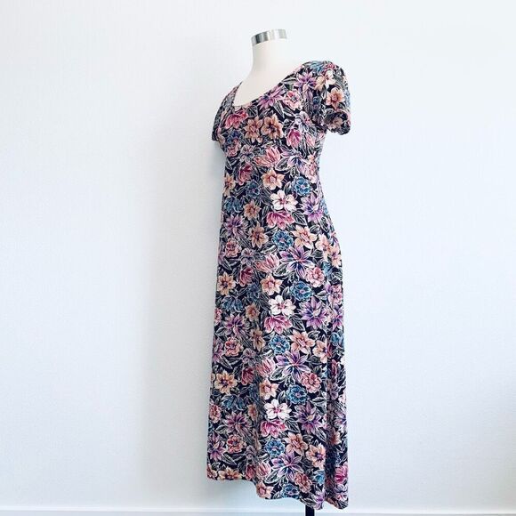 Vintage Floral Maxi Dress S Grunge Retro 90s Scoop Short Sleeve Tie - Picture 3 of 8